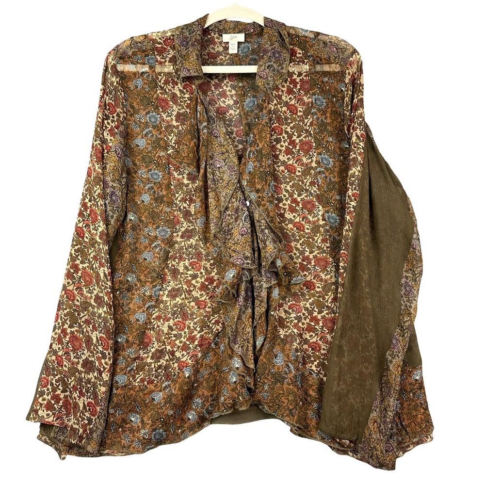 J.Jill Multicolor Floral 100% Silk Tie Front Lightweight Long Sleeve Blouse XLT